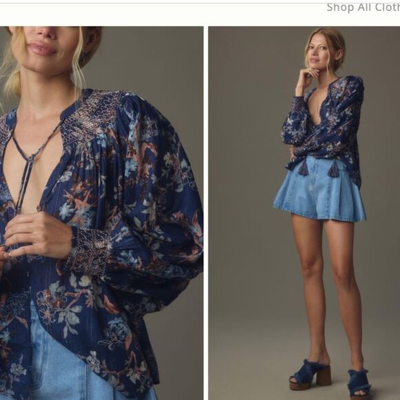 By Anthropologie Long-Sleeve Smocked Lurex Top Size S Blue Floral Print boho - Picture 3 of 13